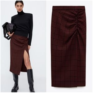 NWT ZARA | Plaid High-Waisted Midi Skirt Red Black